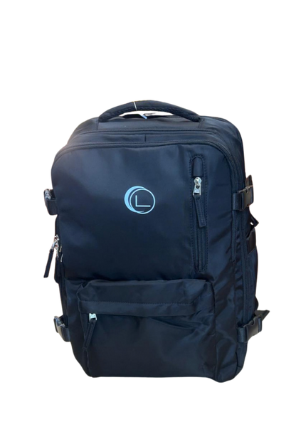 Navy blue backpack with a logo on a white background