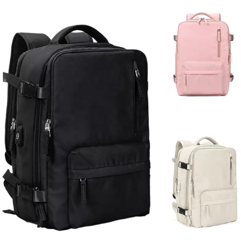 Black, pink, and beige backpacks displayed together. luggit