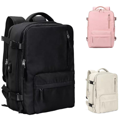 Black, pink, and beige backpacks displayed together. luggit