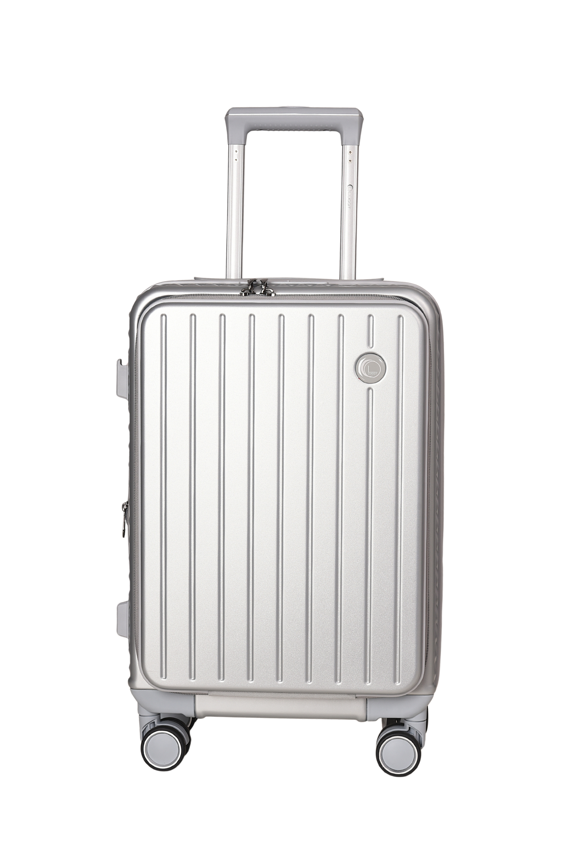 A silver aluminum spinner suitcase with a telescopic handle extended, featuring a vertical ribbed design and a small circular badge on the front, set against a plain white background.