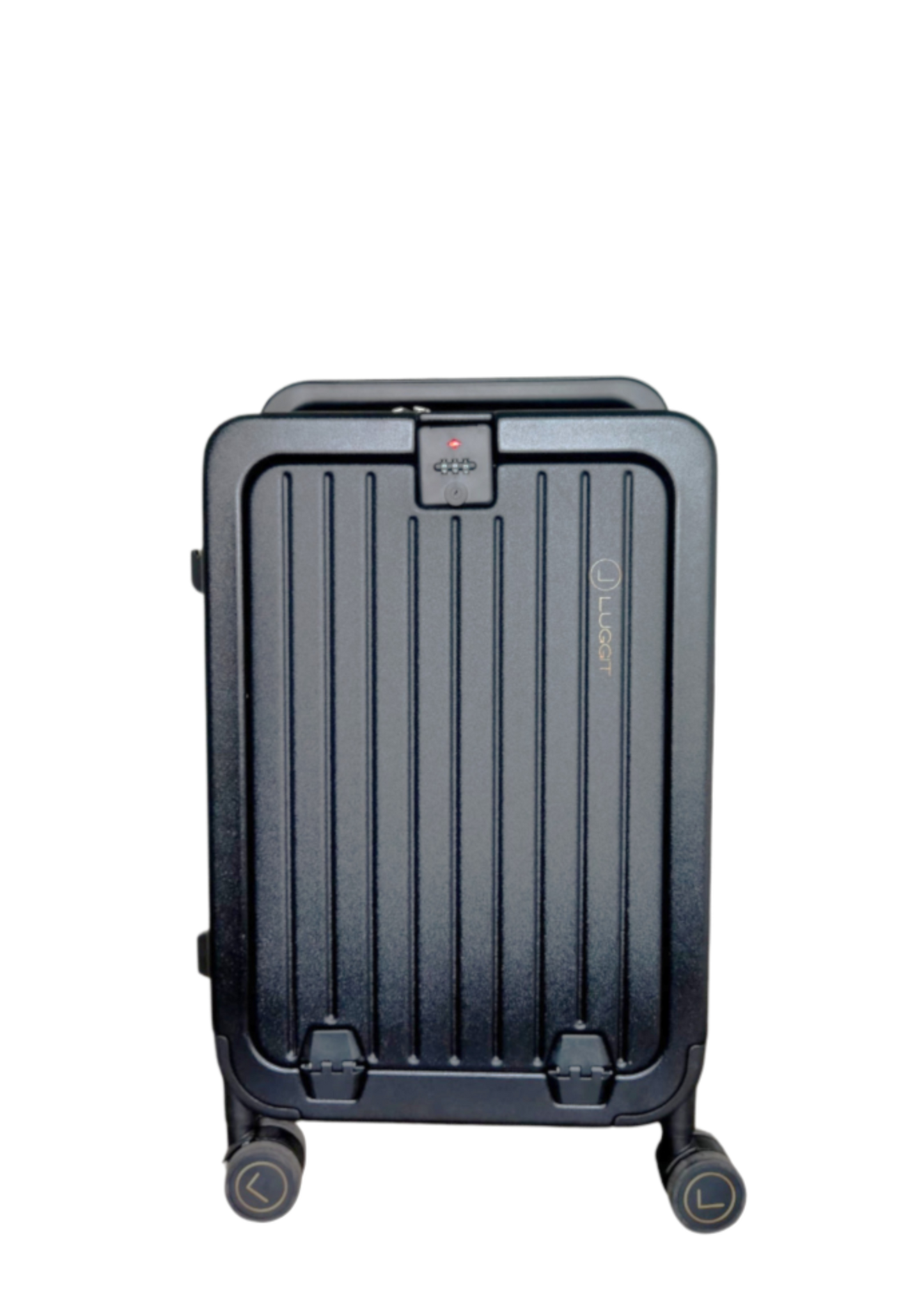Black suitcase with wheels on a white background
