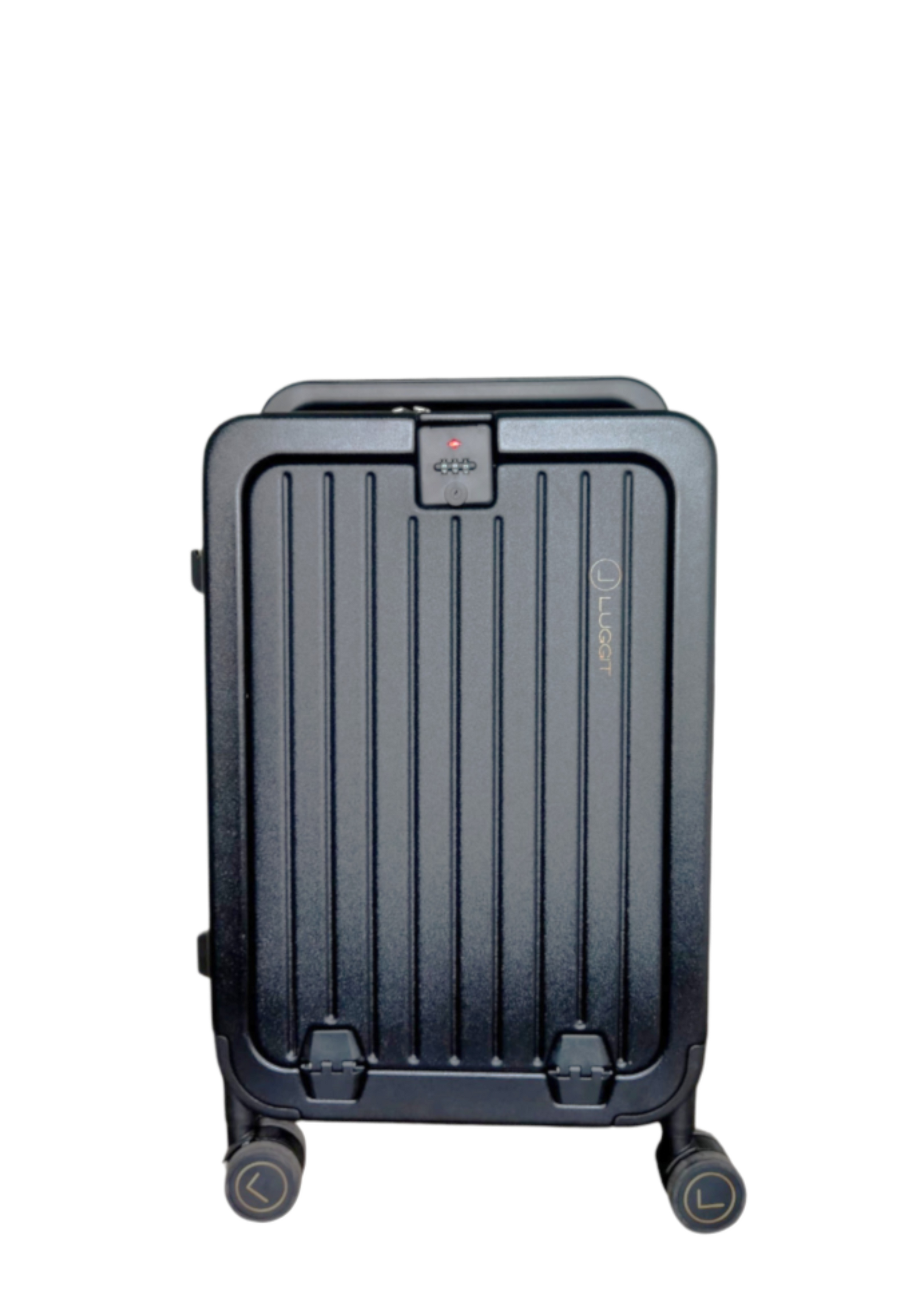 Black suitcase with wheels on a white background