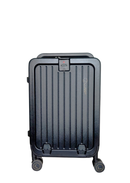 Black suitcase with wheels on a white background