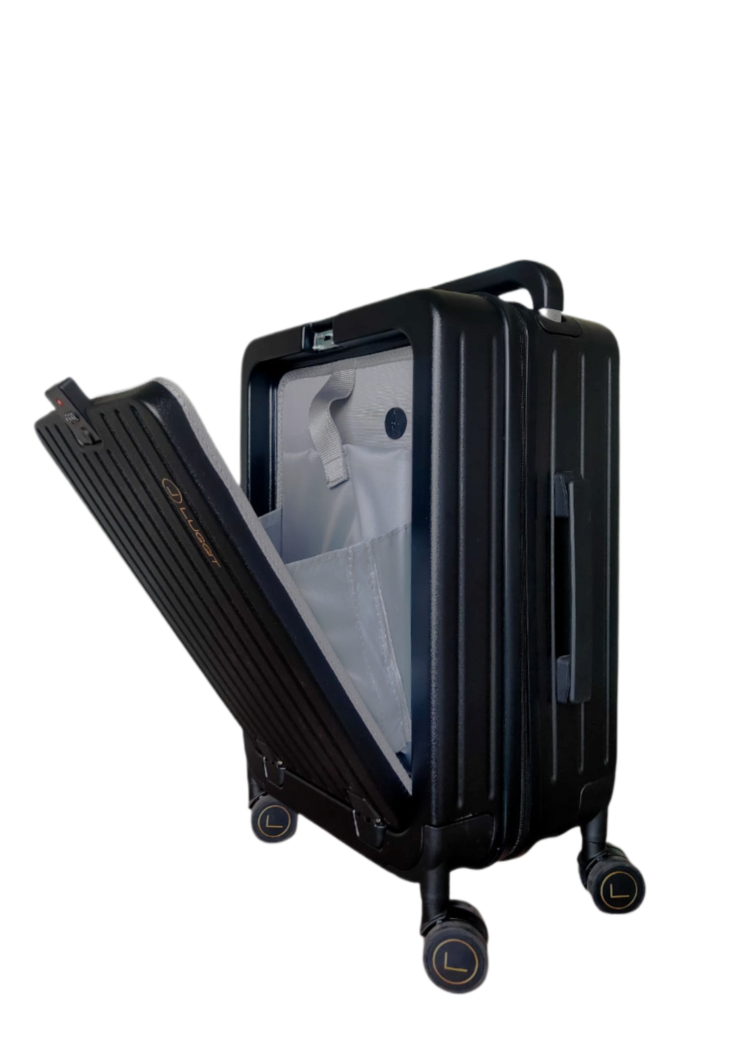 Black suitcase with open front compartment luggit