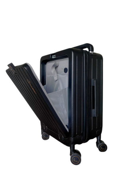 Black suitcase with open front compartment luggit