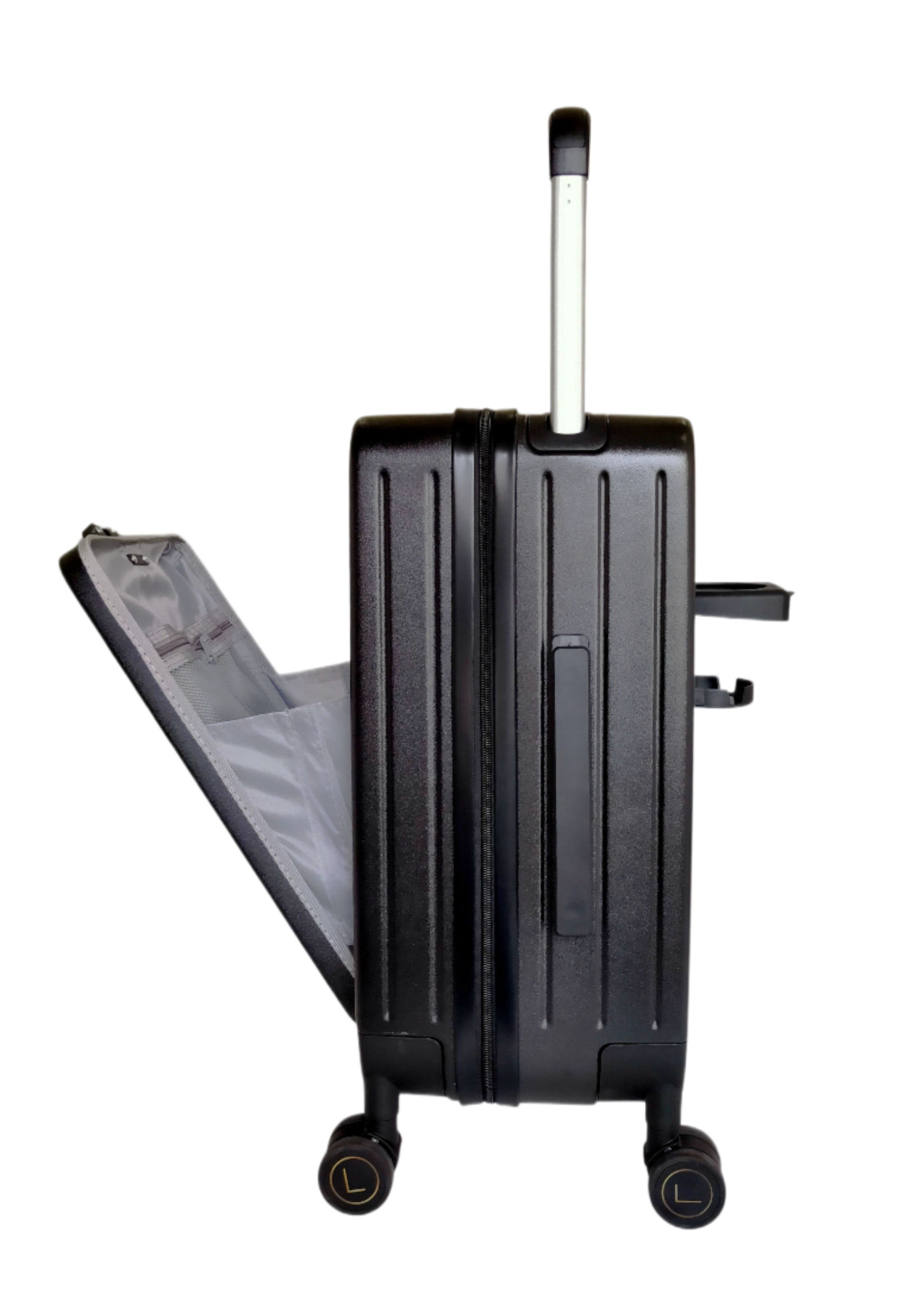 Black suitcase with open compartment on a white background luggit