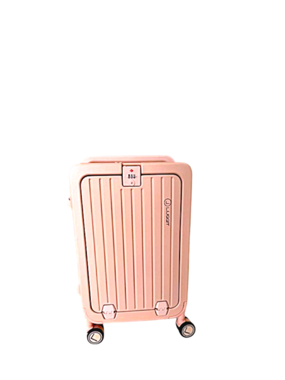 Rose gold suitcase with wheels on a white background