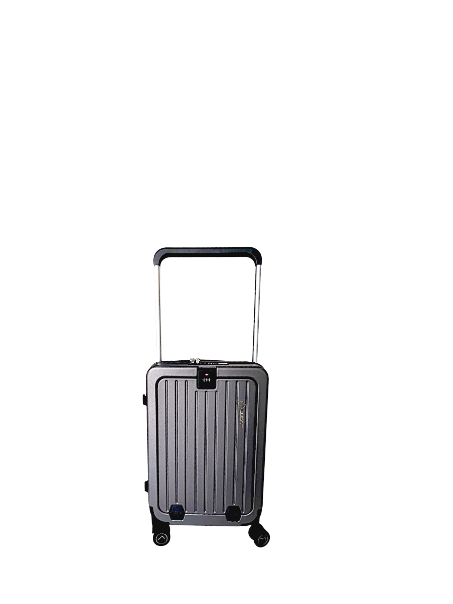 Silver suitcase with a black handle on a white background