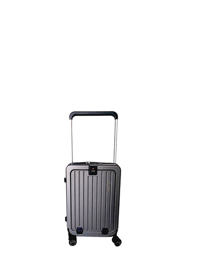 Silver suitcase with a black handle on a white background