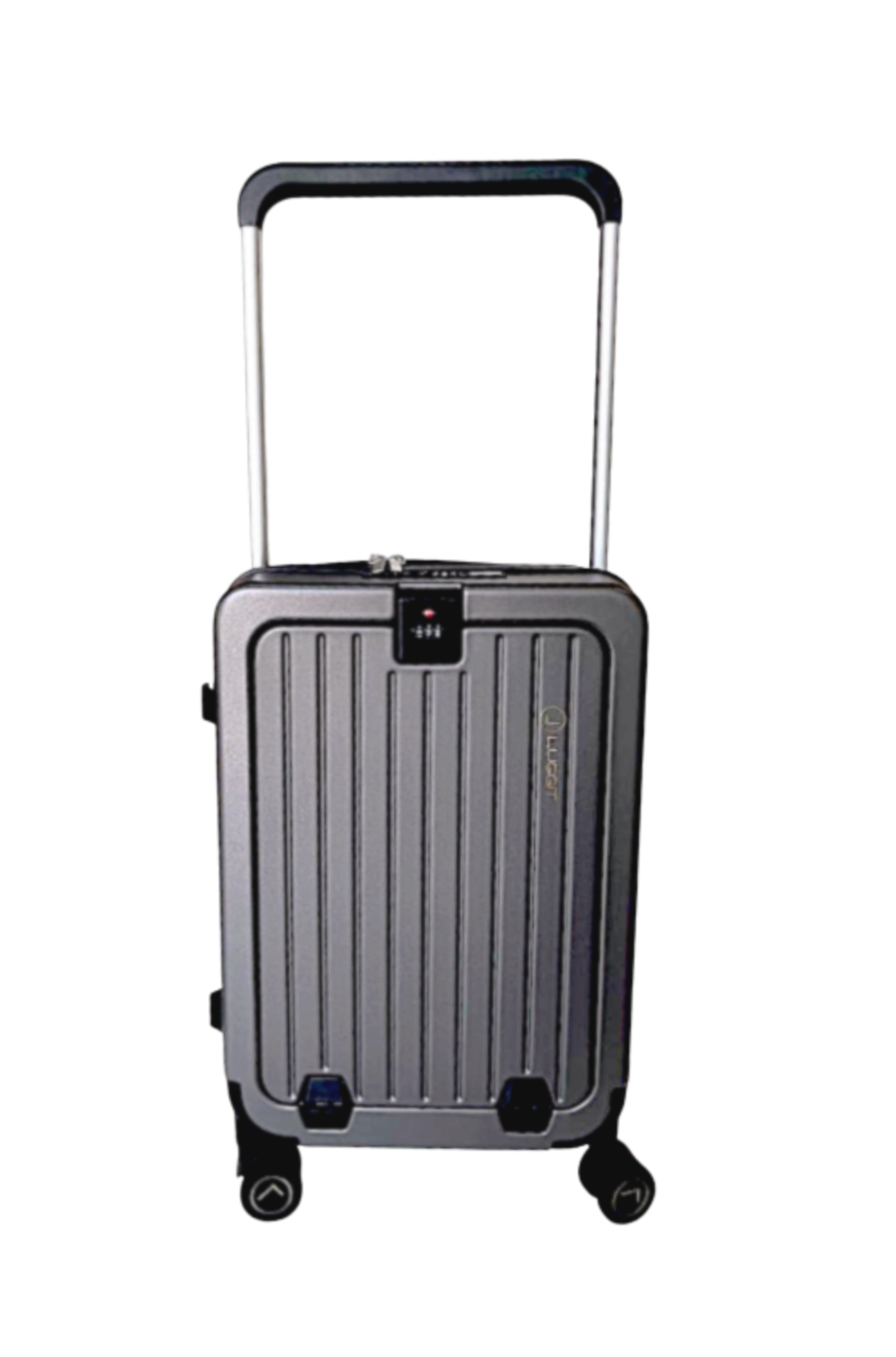 Silver suitcase with wheels on a white background