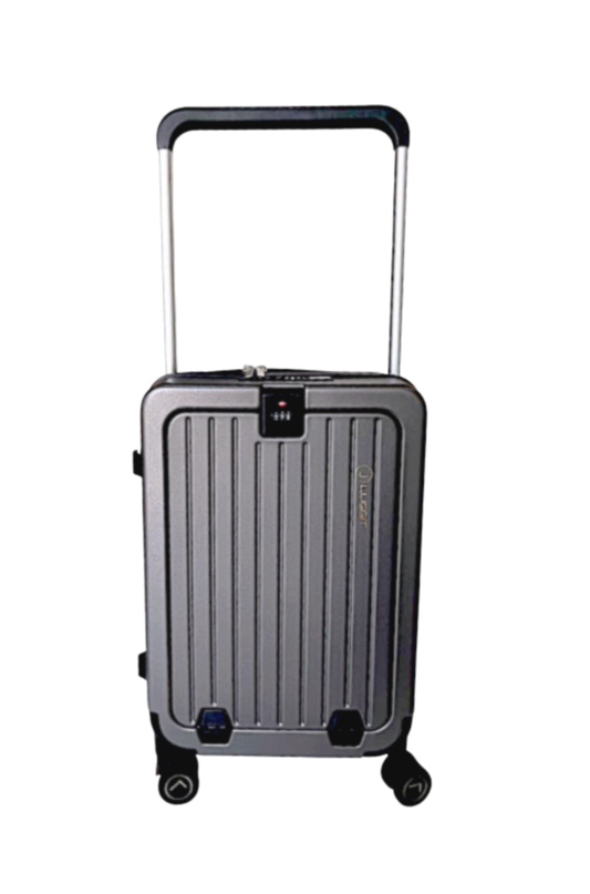 Silver suitcase with wheels on a white background