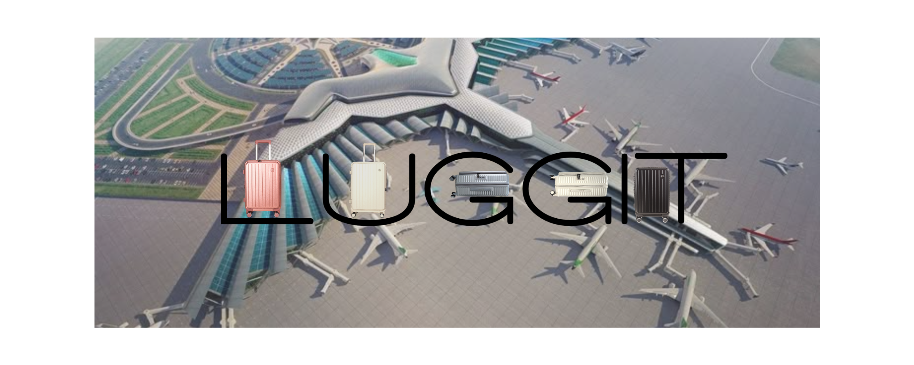 A stylized graphic with the word LUGGIT across the center, overlaid on top of an aerial airport scene with multiple airplanes and luggage illustrations.