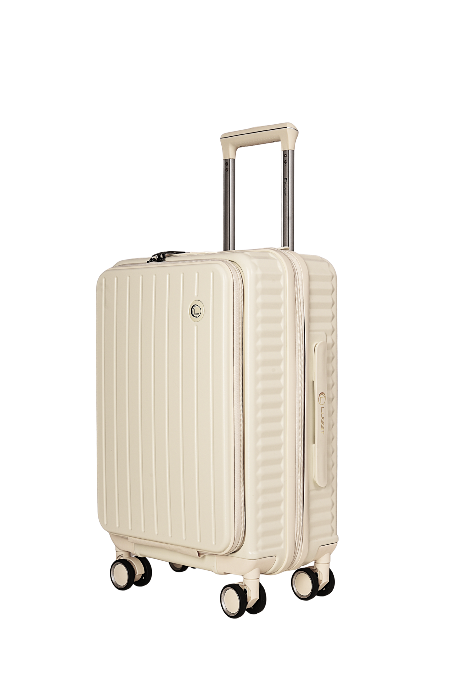 A cream-colored hardshell spinner suitcase with a telescopic handle extended, shown on a plain white background.