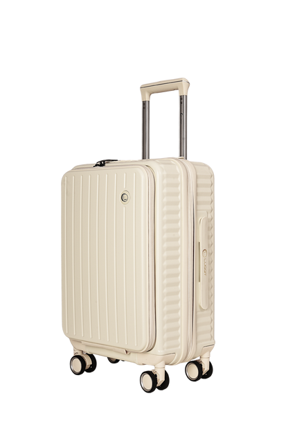 A cream-colored hardshell spinner suitcase with a telescopic handle extended, shown on a plain white background.