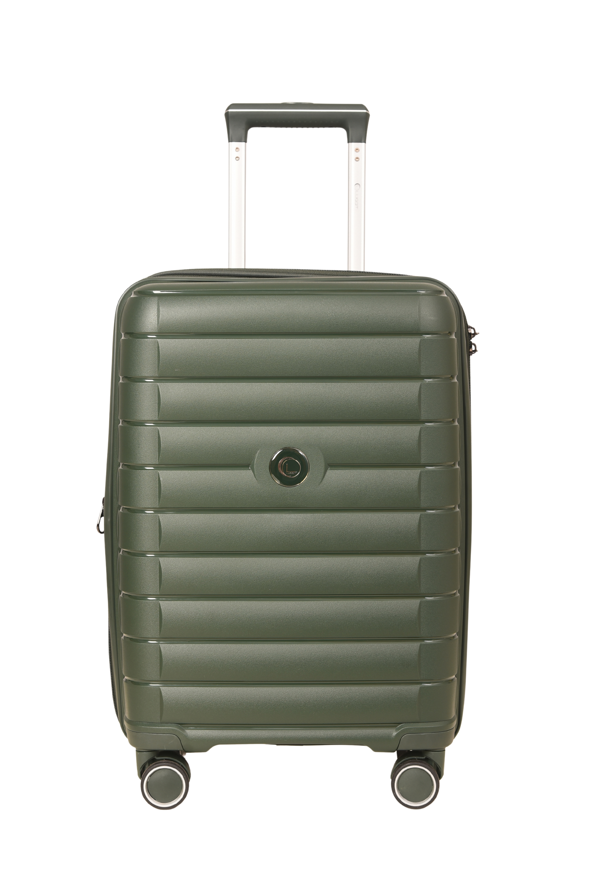 A hard-shell spinner suitcase in olive green with horizontal ridges, a telescoping handle extended, and four wheels, shown against a plain white background.