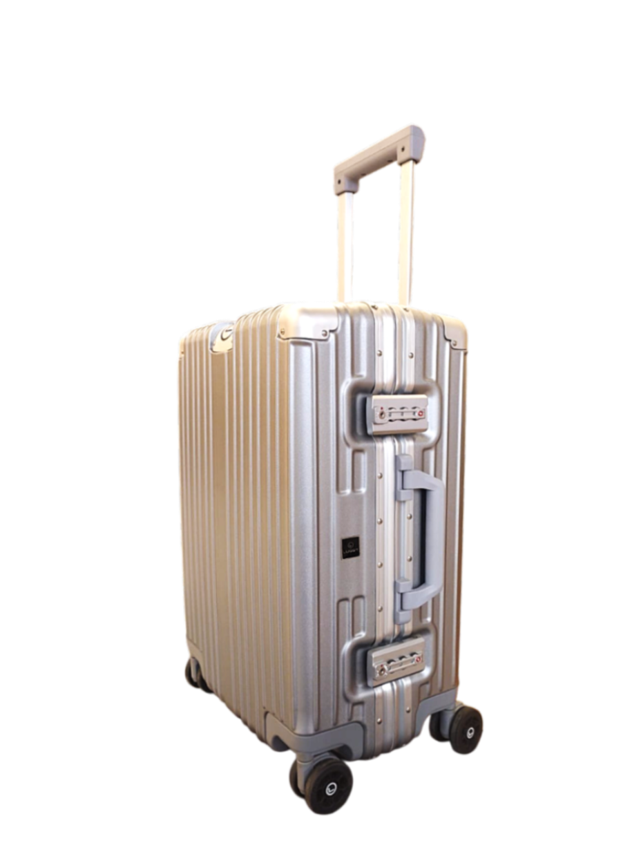 Gold suitcase with a handle on a white background