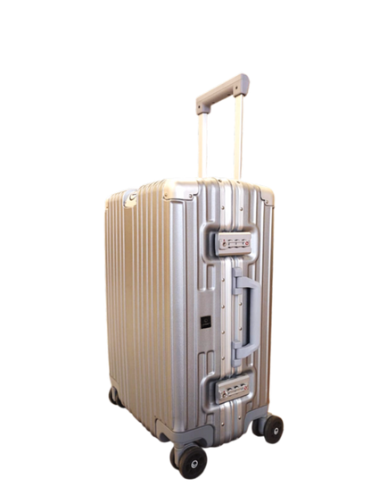 Gold suitcase with a handle on a white background