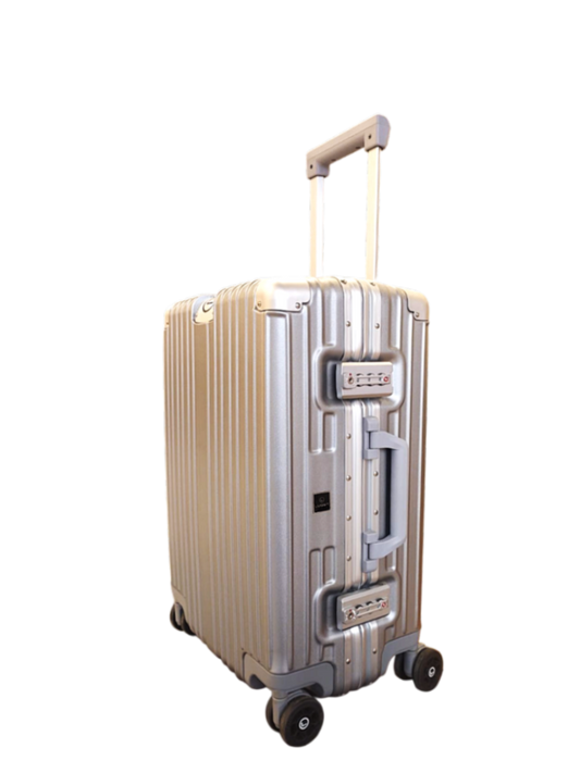 Gold suitcase with a handle on a white background
