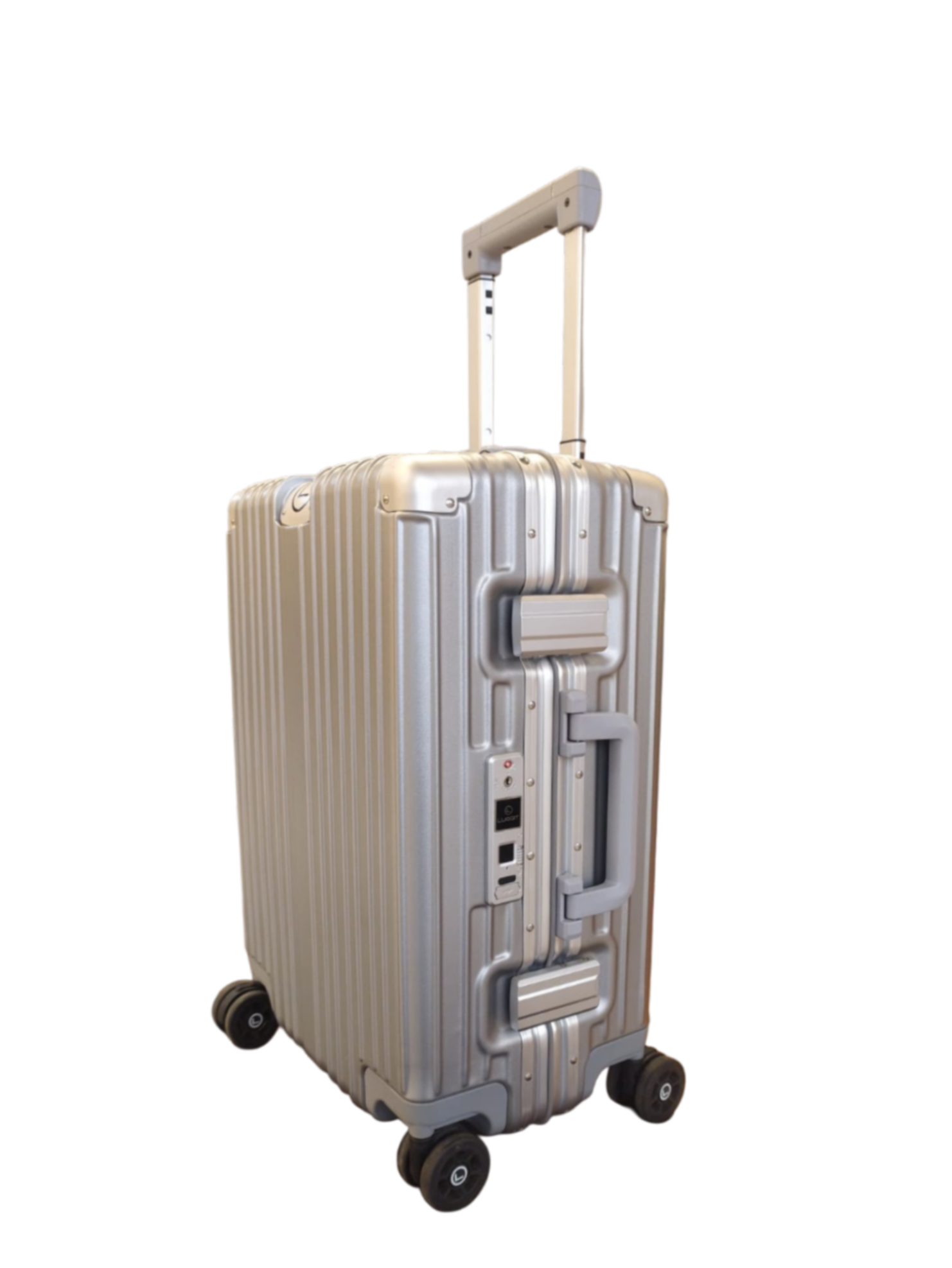 Silver suitcase with wheels on a white background