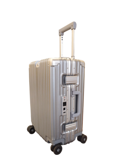 Silver suitcase with wheels on a white background
