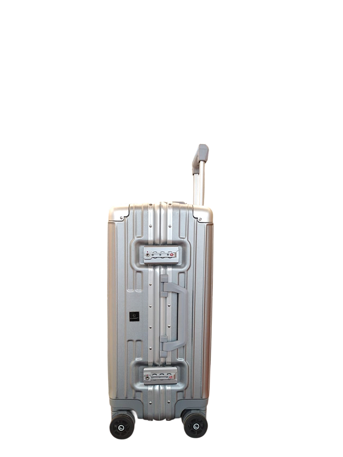 Silver suitcase with wheels on a white background