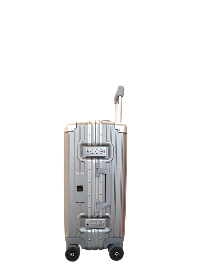 Silver suitcase with wheels on a white background