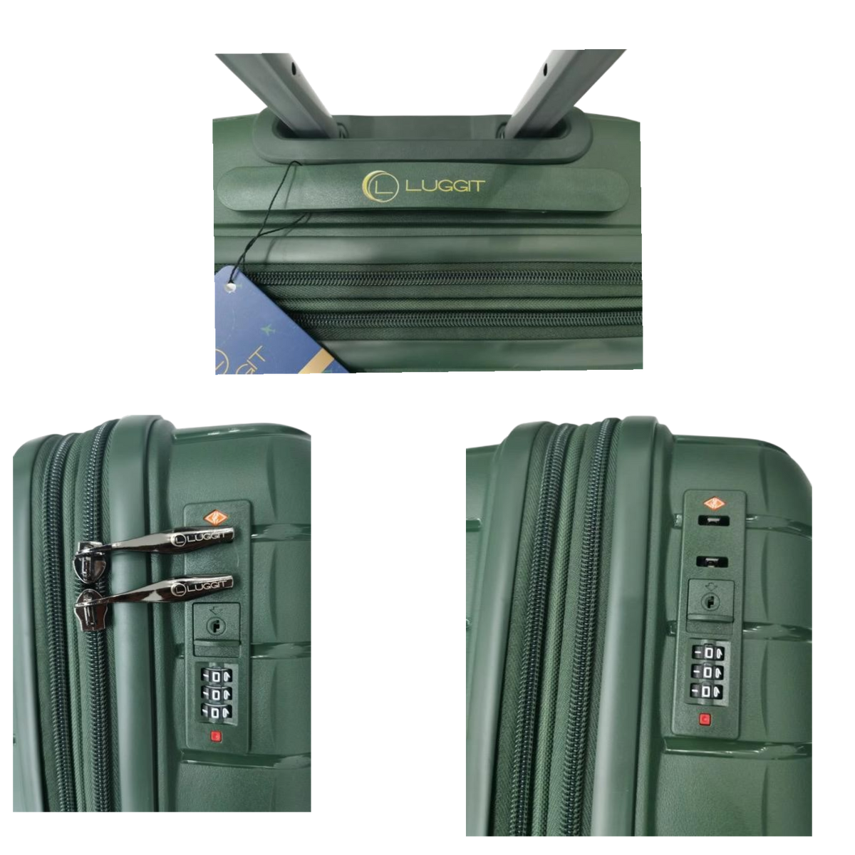 Green suitcase with Luggit branding and security features on a white background