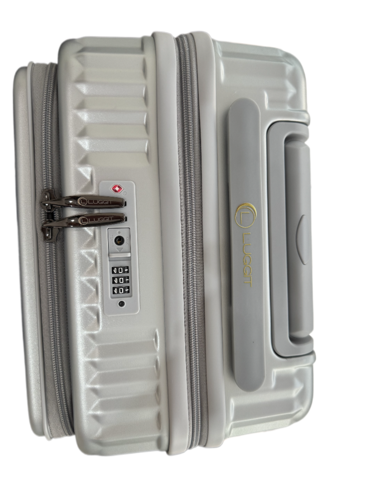 A light gray hard-shell carry-on suitcase with dual zippers, a combination lock, and a telescoping handle, shown on a plain white background.