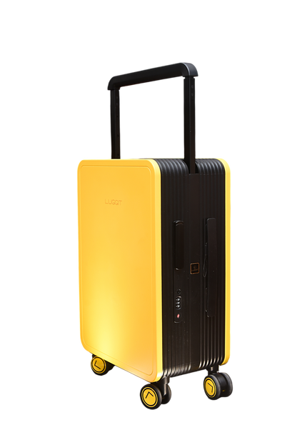Yellow and black suitcase with wheels on a white background