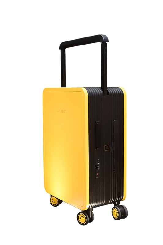 Yellow and black suitcase with wheels on a white background