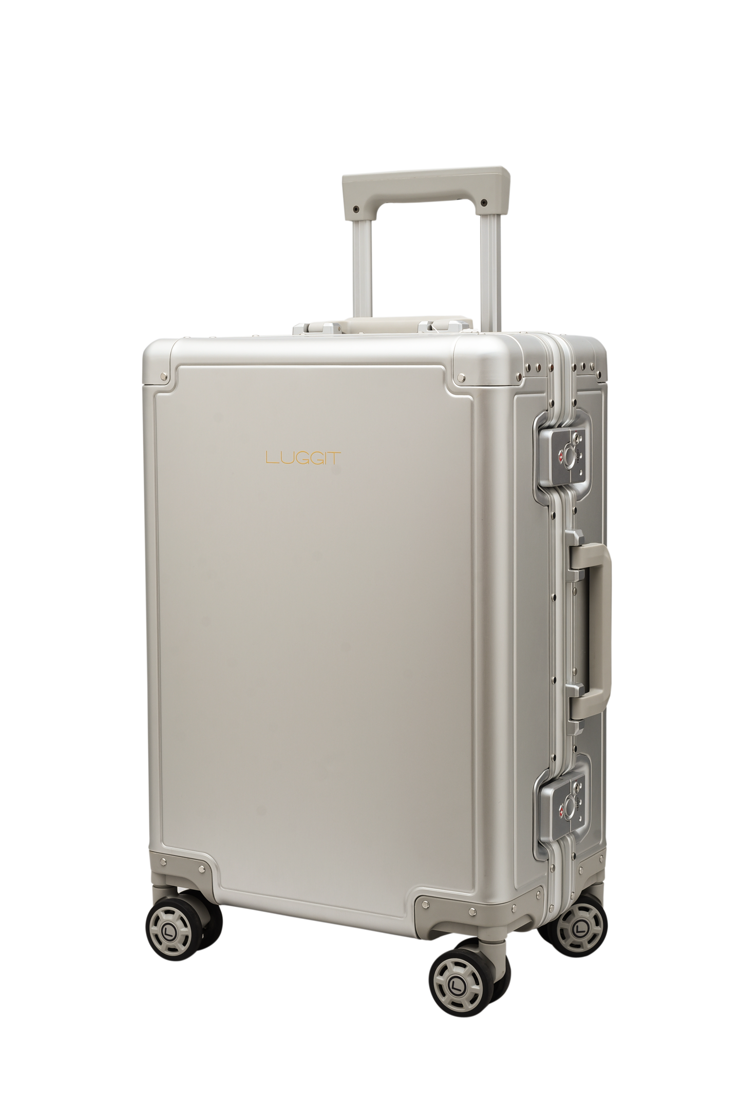 Silver suitcase with wheels on a white background