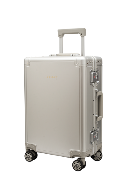 Silver suitcase with wheels on a white background