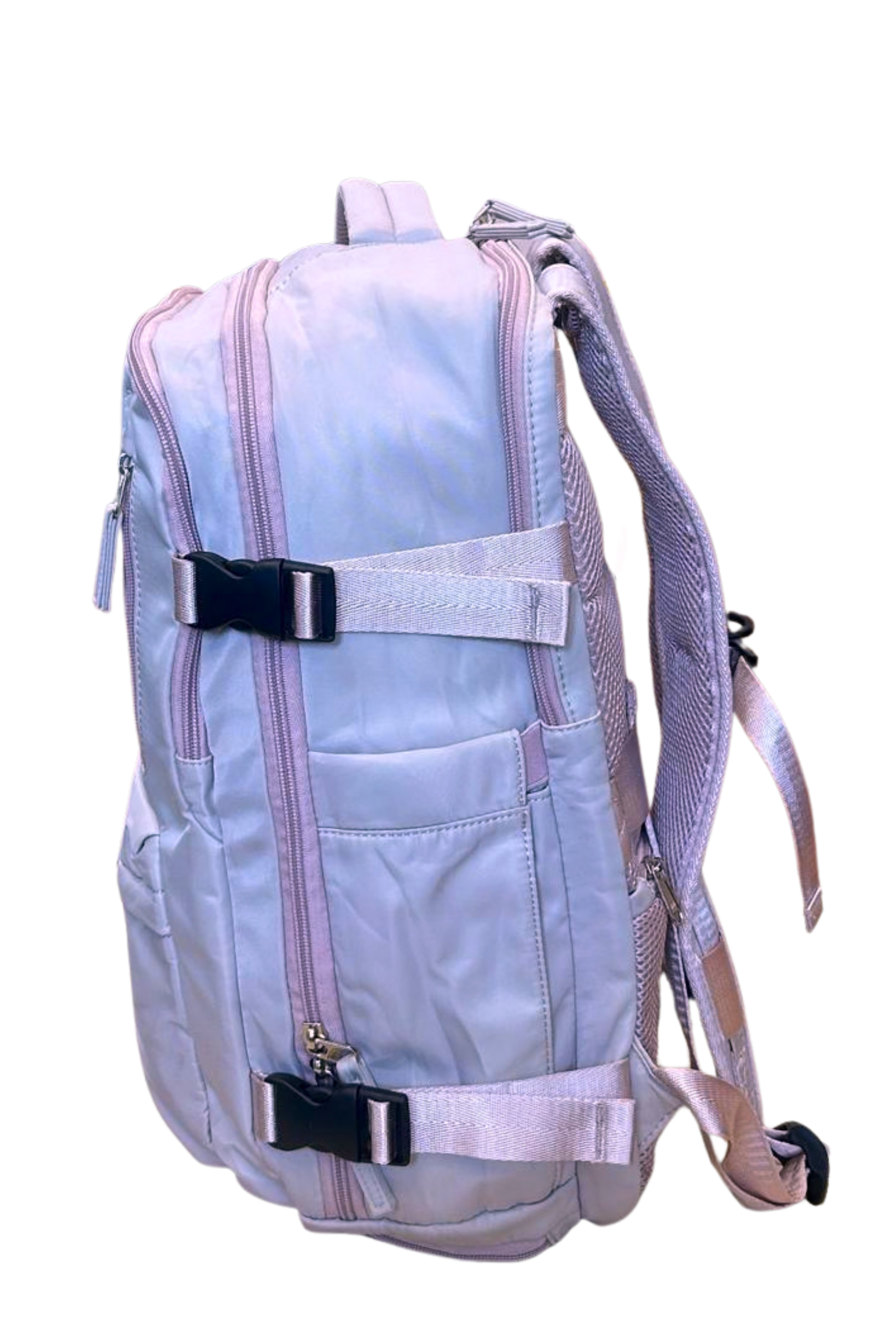 Light blue backpack with black straps on a white background luggit