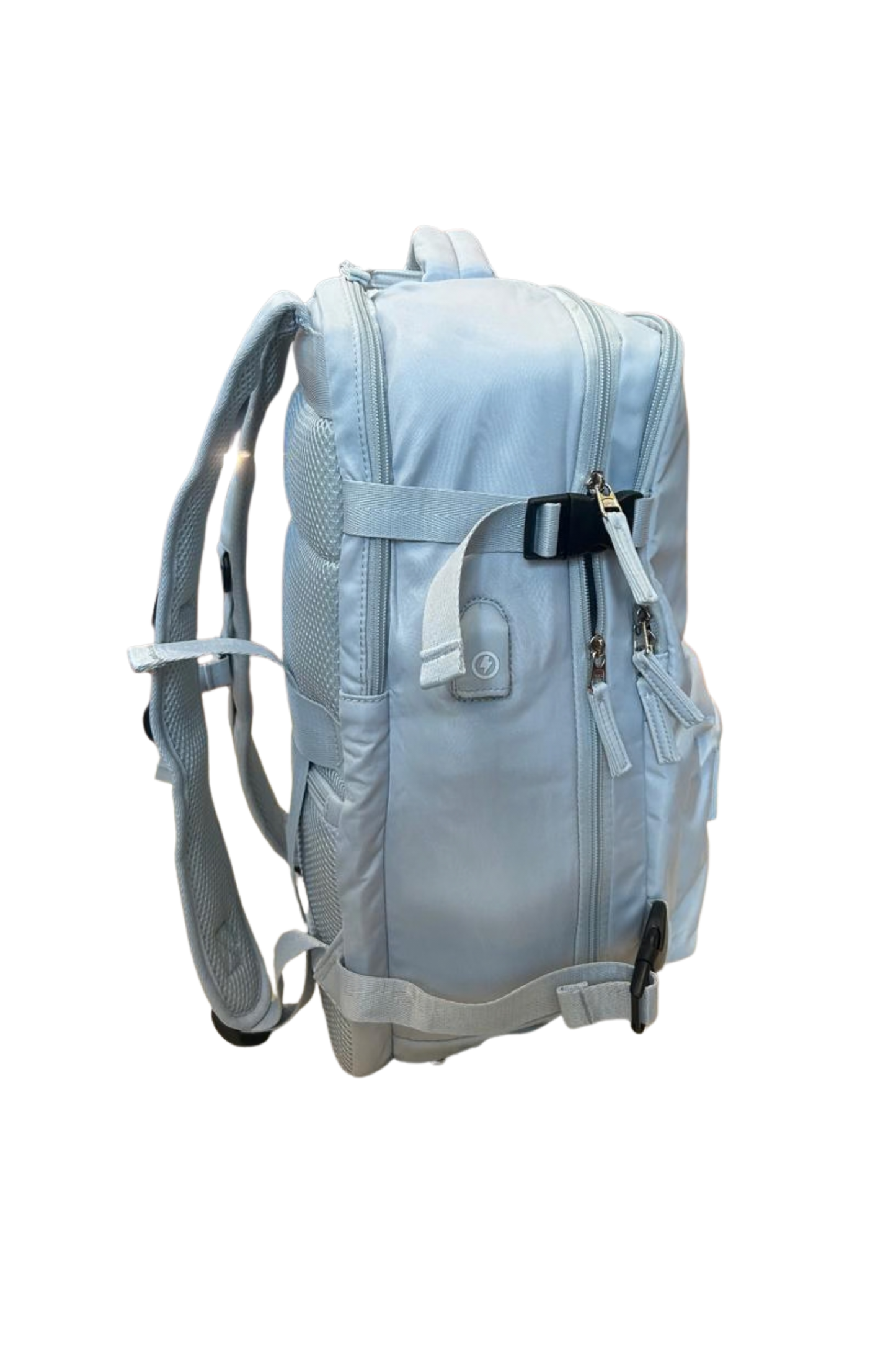 Light blue backpack on a white background