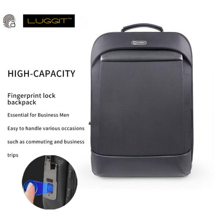 Black fingerprint lock backpack with Luggit branding on a white background
