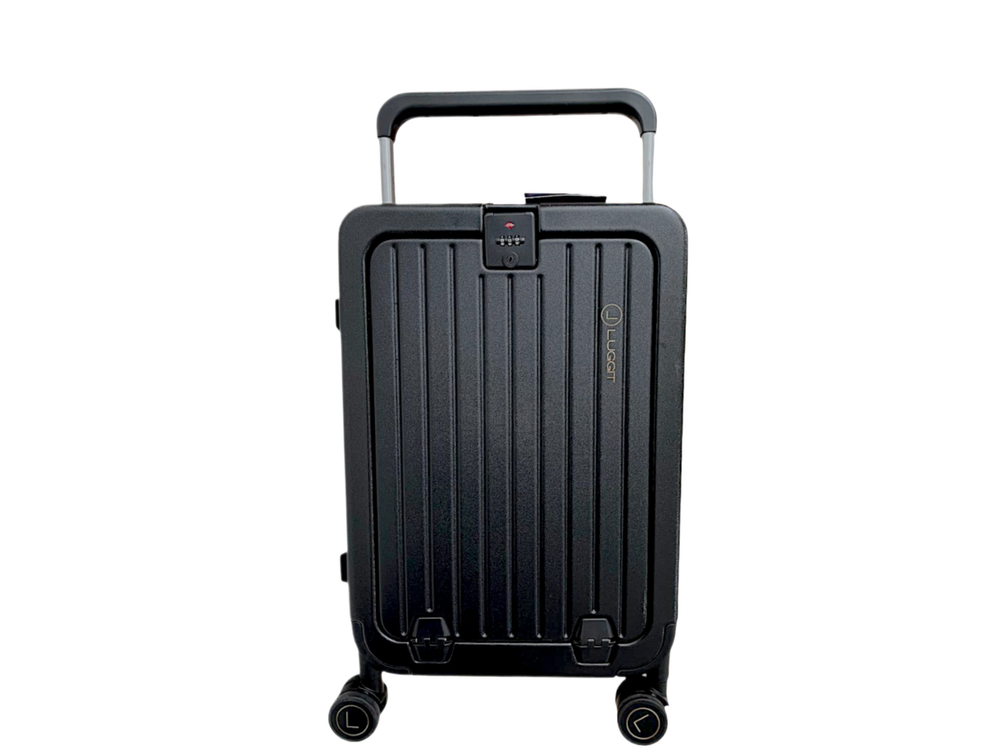 Black suitcase with handle and wheels on a white background