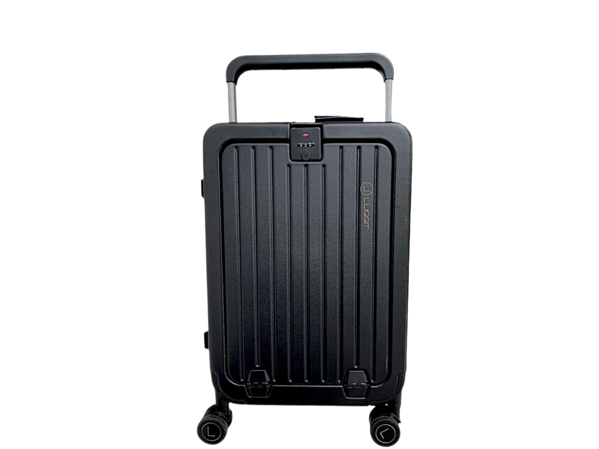 Black suitcase with handle and wheels on a white background