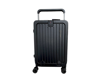 Black suitcase with handle and wheels on a white background