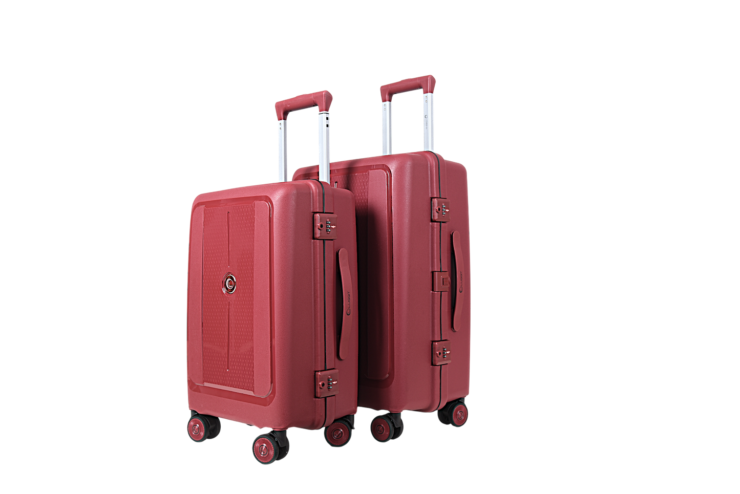 Two hard-shell spinner suitcases in a matching deep red color, shown on a plain white background. One suitcase is slightly in front of the other, both with telescoping handles extended and four wheels visible.
