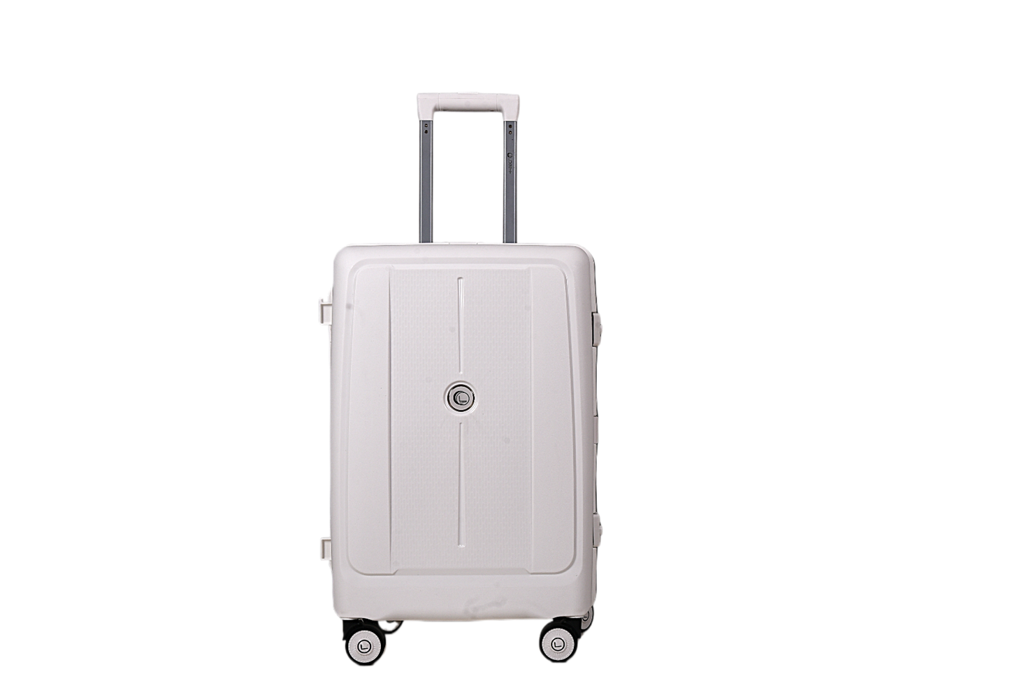 A light gray hard-shell spinner suitcase with an extended telescoping handle, shown against a plain white background.