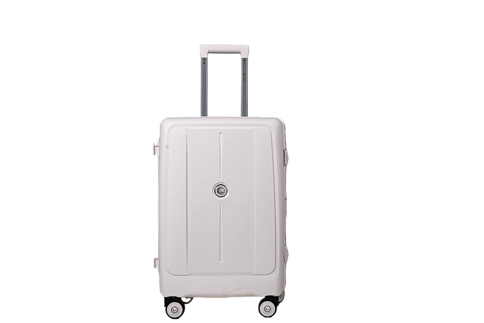 A light gray hard-shell spinner suitcase with an extended telescoping handle, shown against a plain white background.