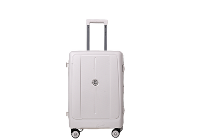 A light gray hard-shell spinner suitcase with an extended telescoping handle, shown against a plain white background.