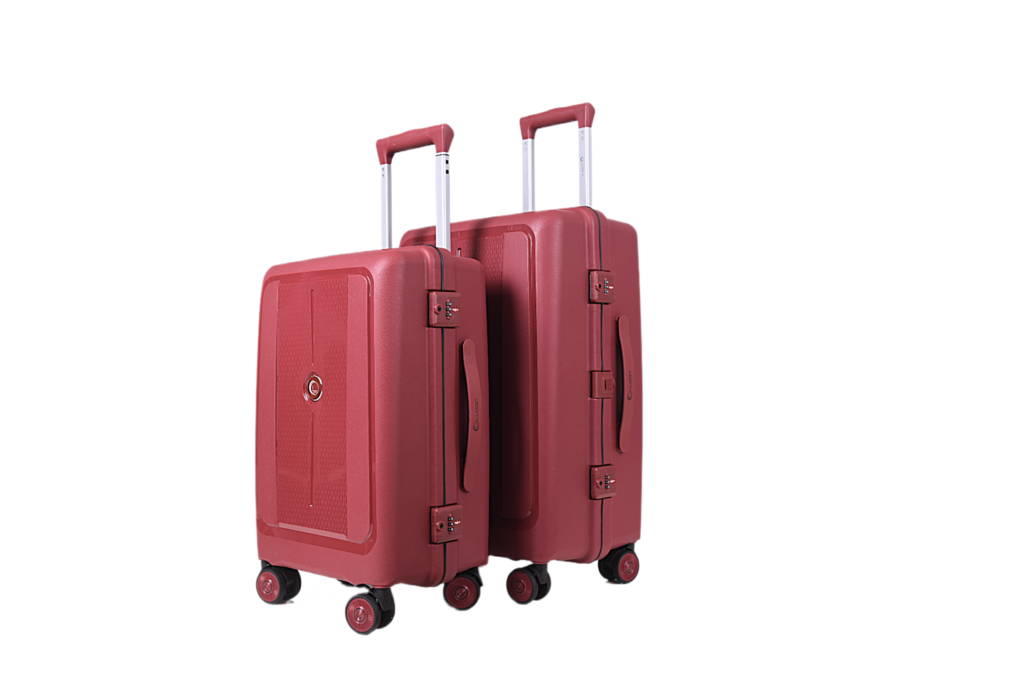 Two hard-shell spinner suitcases in a matching dusty rose red color, shown on a plain white background. The front suitcase is slightly larger and positioned in front of the smaller one, both with telescoping handles extended and four wheels.