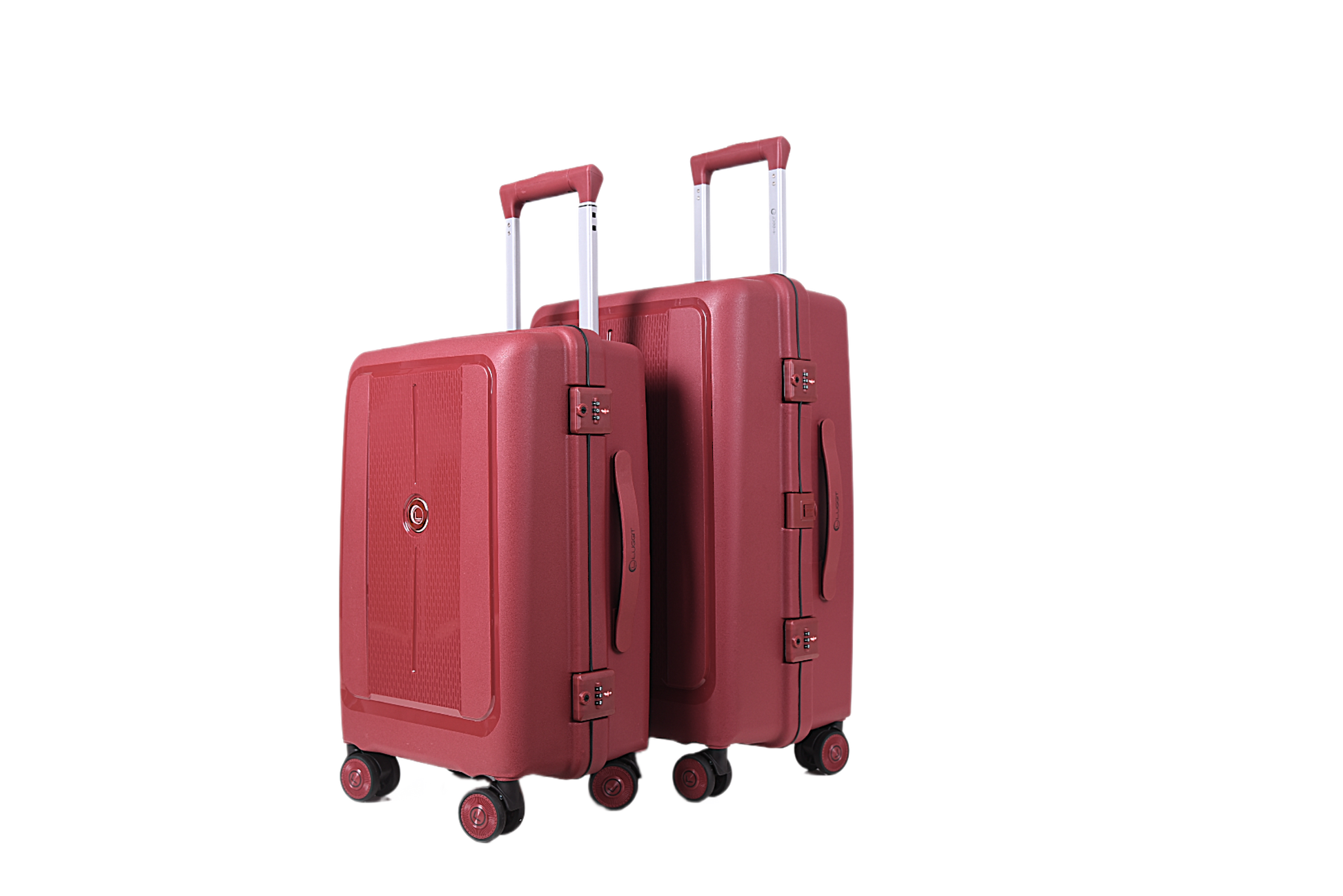 Two hard-shell spinner suitcases in a matching dusty rose red color, shown on a plain white background. The front suitcase is slightly larger and positioned in front of the smaller one, both with telescoping handles extended and four wheels.