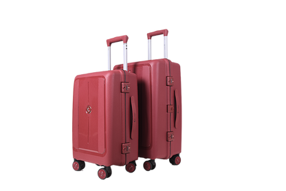 Two hard-shell spinner suitcases in a matching dusty rose red color, shown on a plain white background. The front suitcase is slightly larger and positioned in front of the smaller one, both with telescoping handles extended and four wheels.
