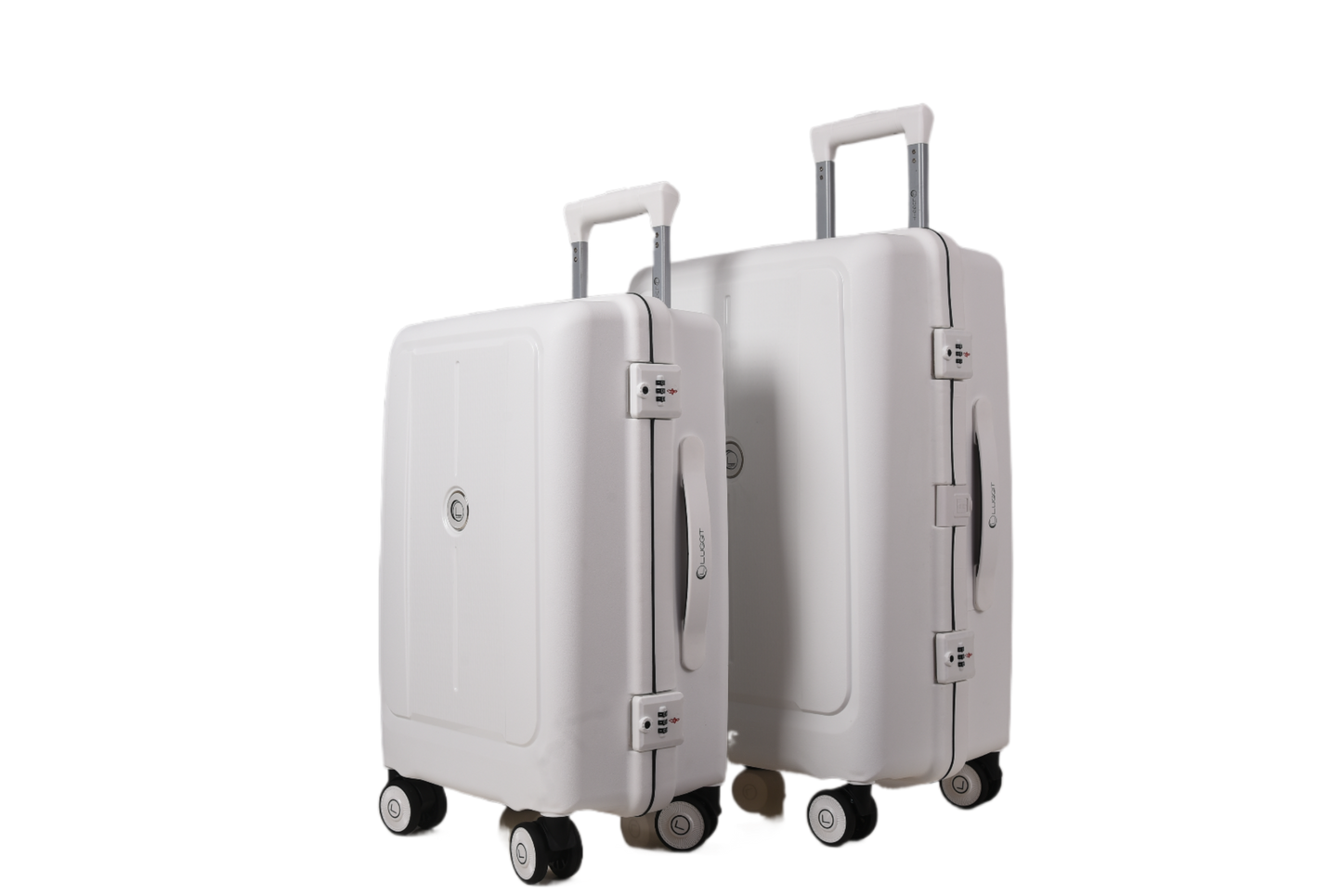 Two hard-shell spinner suitcases in a light gray or off-white color, shown on a plain white background. The smaller suitcase is positioned in front of the larger one, both with telescoping handles extended.