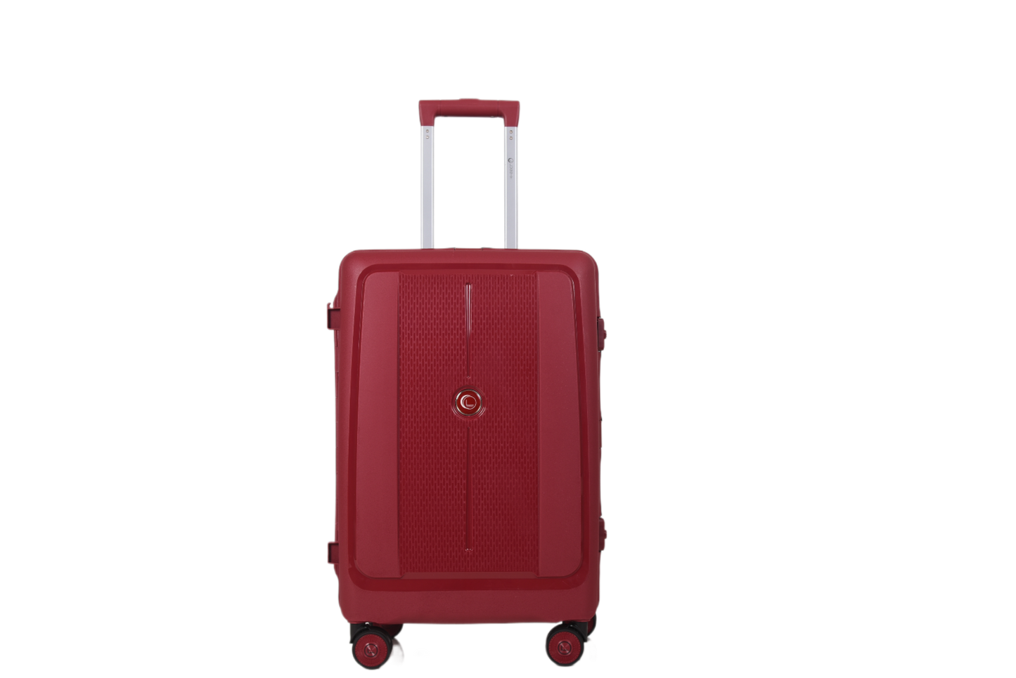 A red hard-shell spinner suitcase with an extended telescopic handle and four wheels, shown against a plain white background.