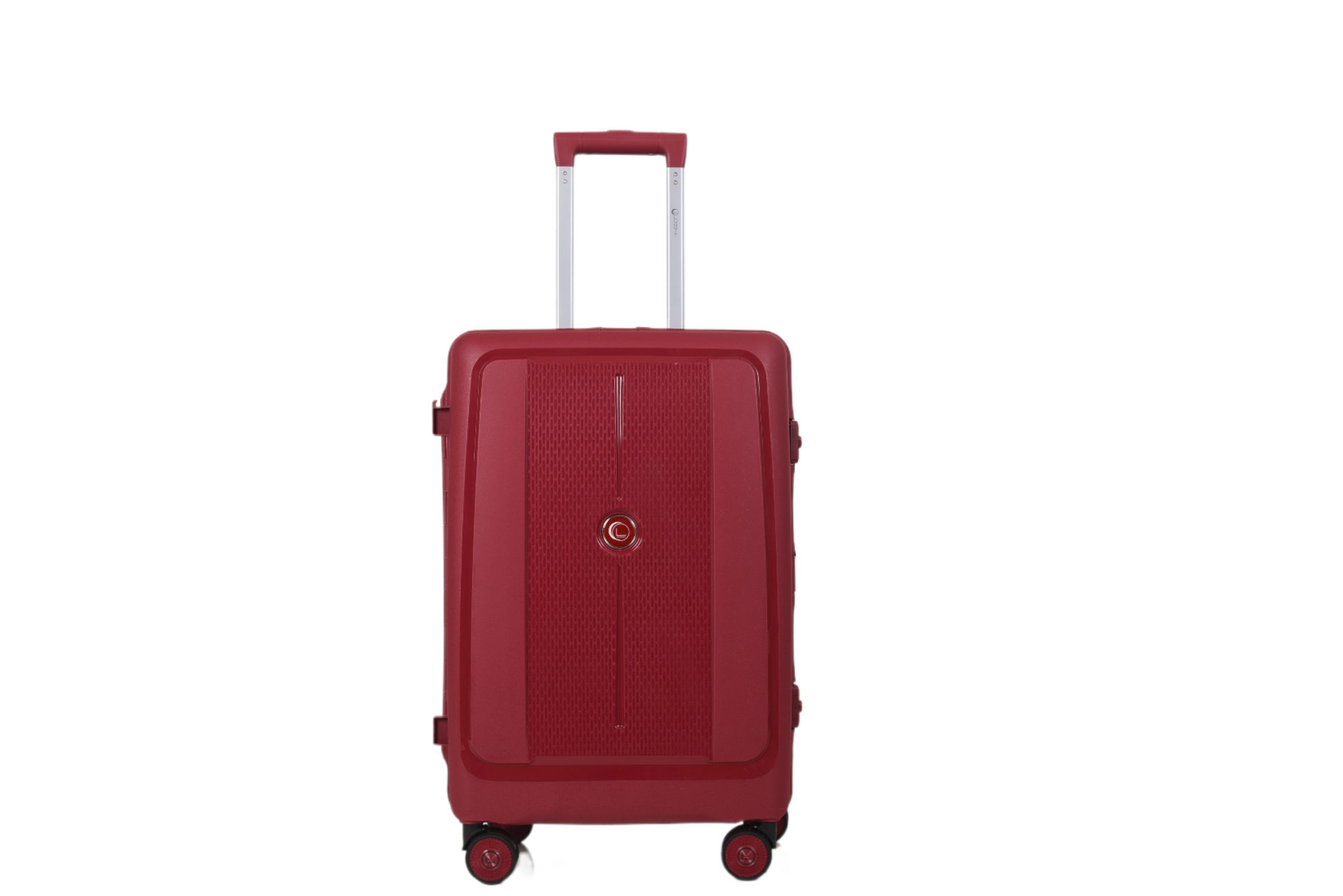 A red hard-shell spinner suitcase with an extended telescopic handle and four wheels, shown against a plain white background.