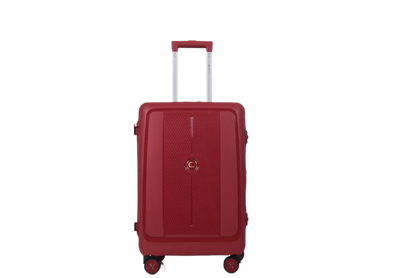 A red hard-shell spinner suitcase with an extended telescopic handle and four wheels, shown against a plain white background.
