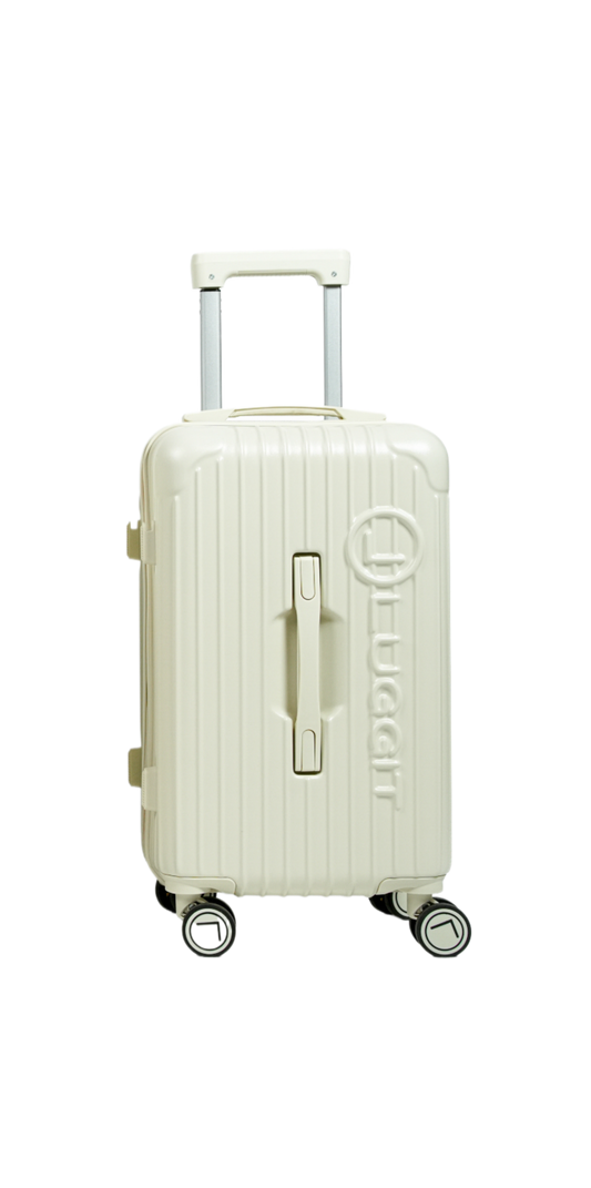White suitcase smart luggage set with USB charging port cup holder TSA lock suitcase